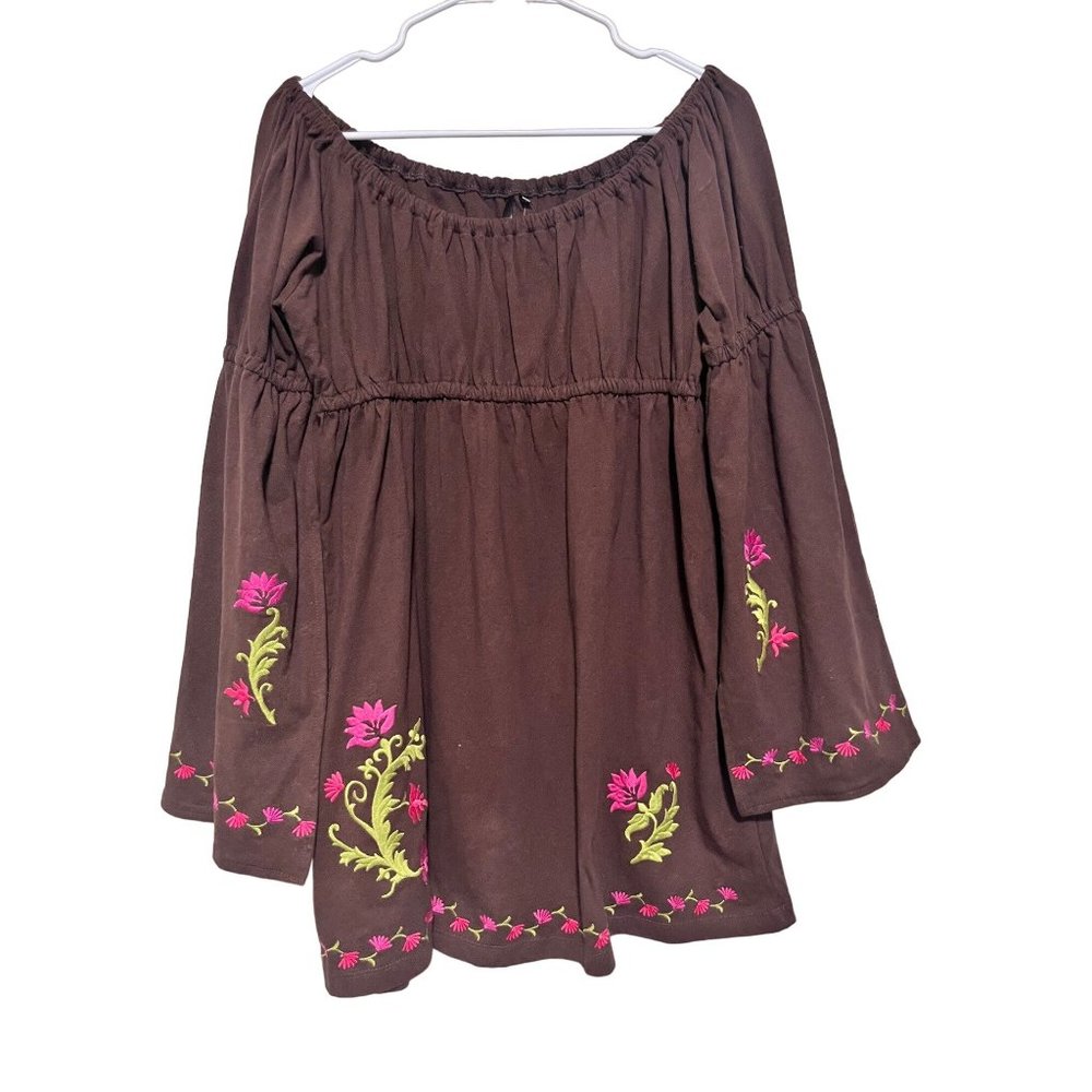 Resistol Ru NEW Womens Embroidered Brown Tunic Shirt Bell Sleeves Blouse Size M
